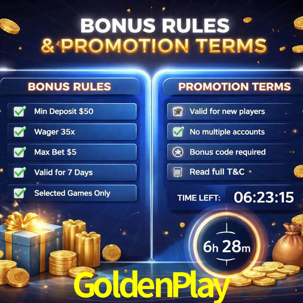 Reglas de promoción GoldenPlay y condiciones de bonos explicadas visualmente