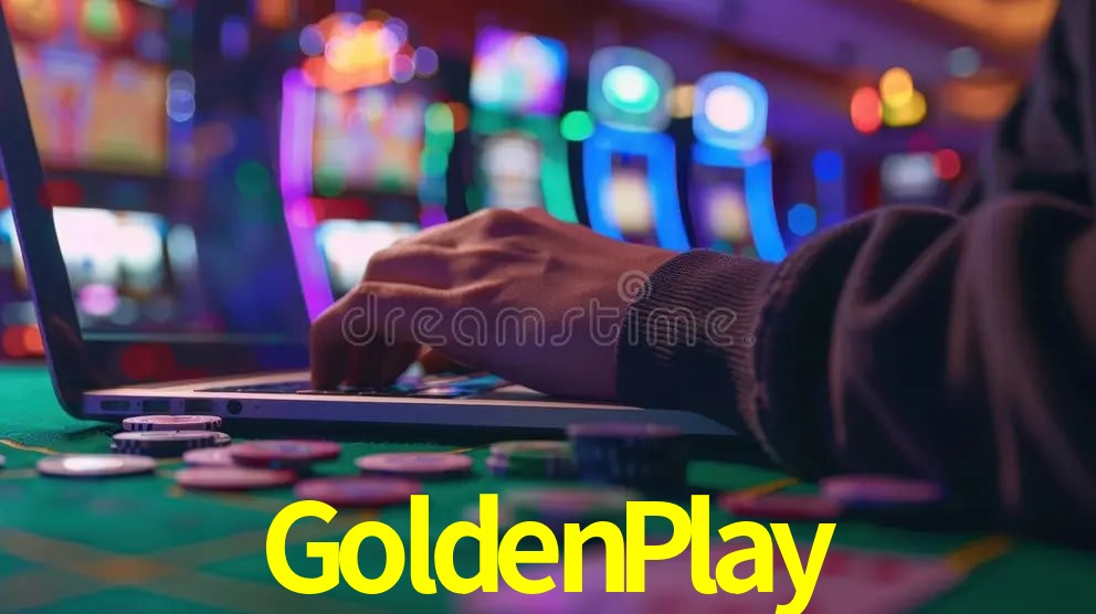 Escena dinámica inspirada en casino con iluminación GoldenPlay, cartas, fichas e íconos de juegos digitales en un espacio moderno de juegos.
