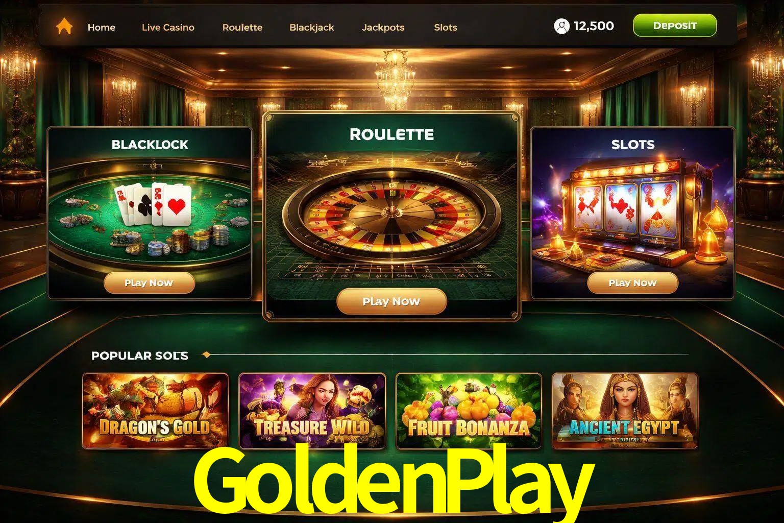Vista de la plataforma GoldenPlay Casino mostrando categorías organizadas de juegos en línea