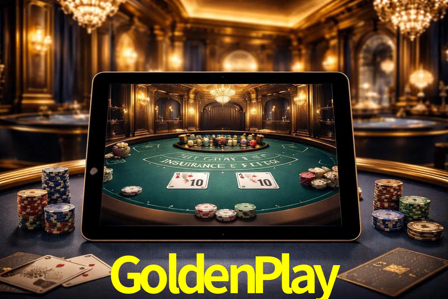 Configuración moderna de casino en vivo con una tableta mostrando una mesa de blackjack, luces cálidas de estudio y una atmósfera elegante de juegos digitales.