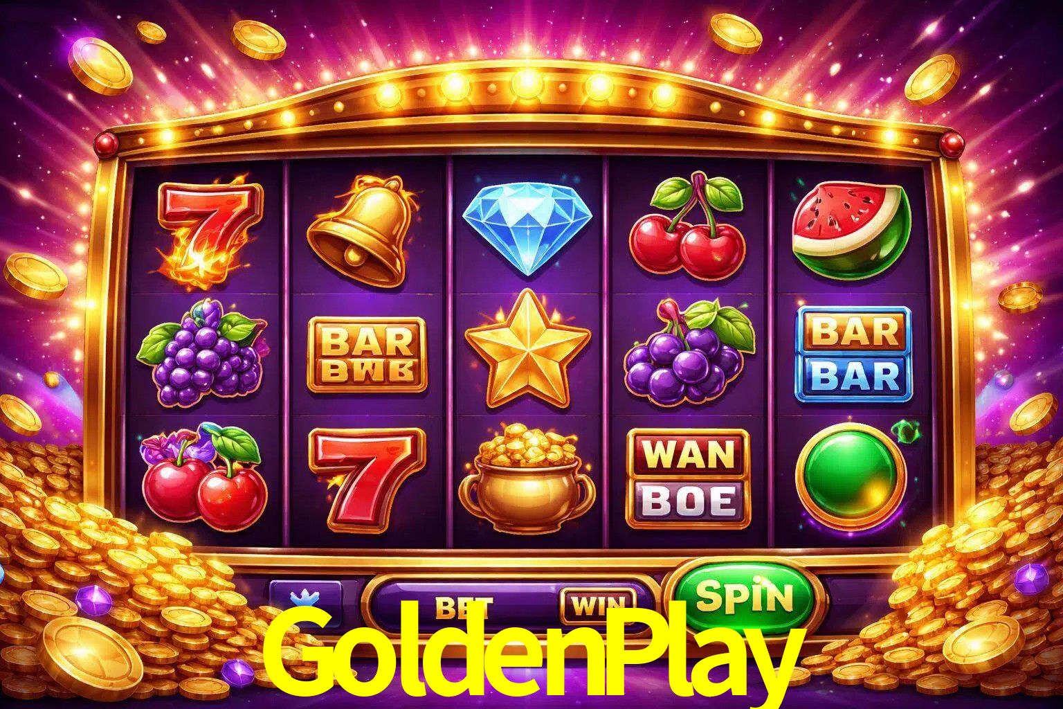 Una interfaz colorida de tragamonedas en línea con símbolos brillantes, monedas y un efecto de victoria celebratoria en GoldenPlay.
