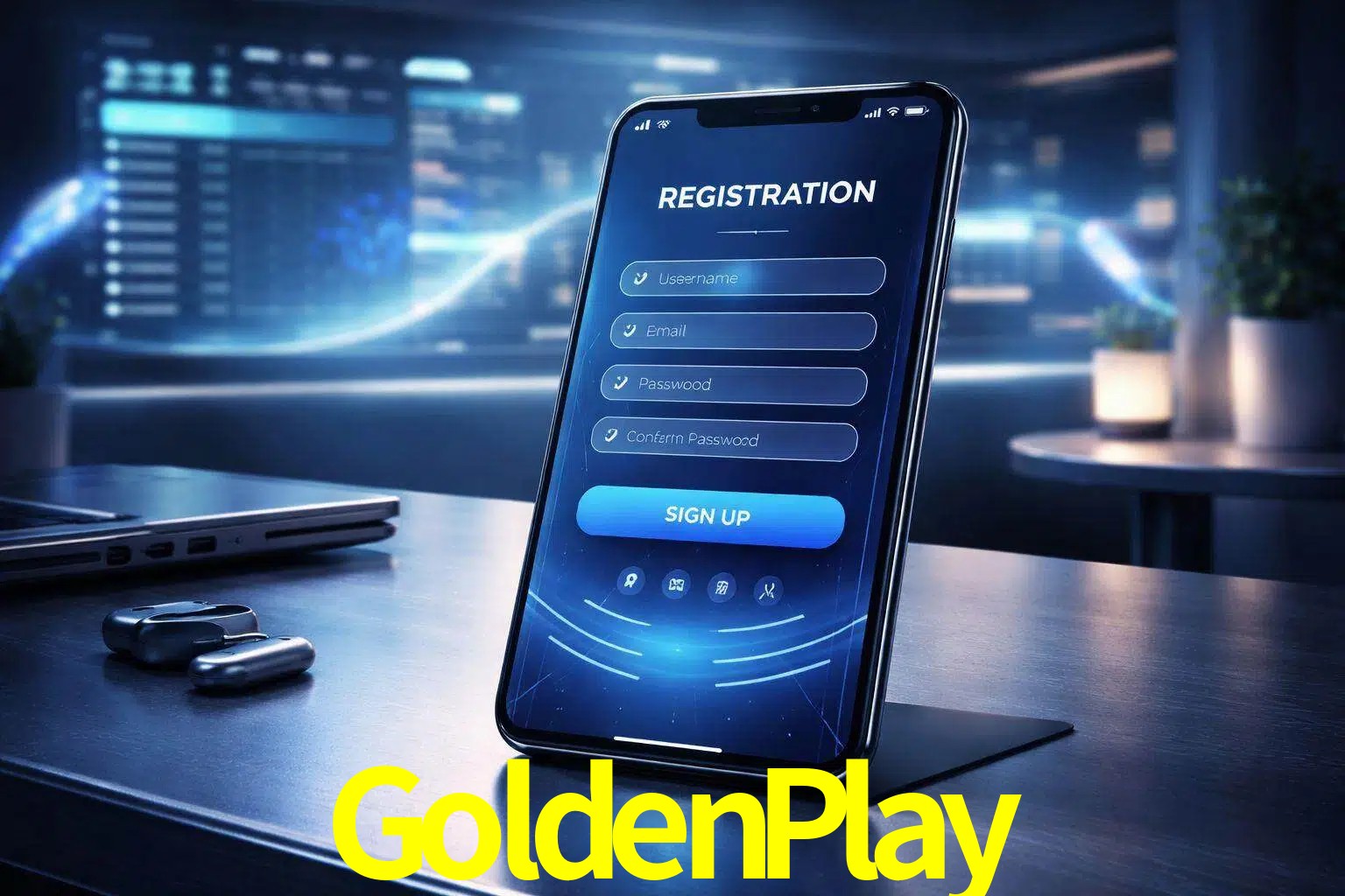 Una interfaz moderna de registro móvil para GoldenPlay mostrada en un smartphone con un panel de apuestas elegante.